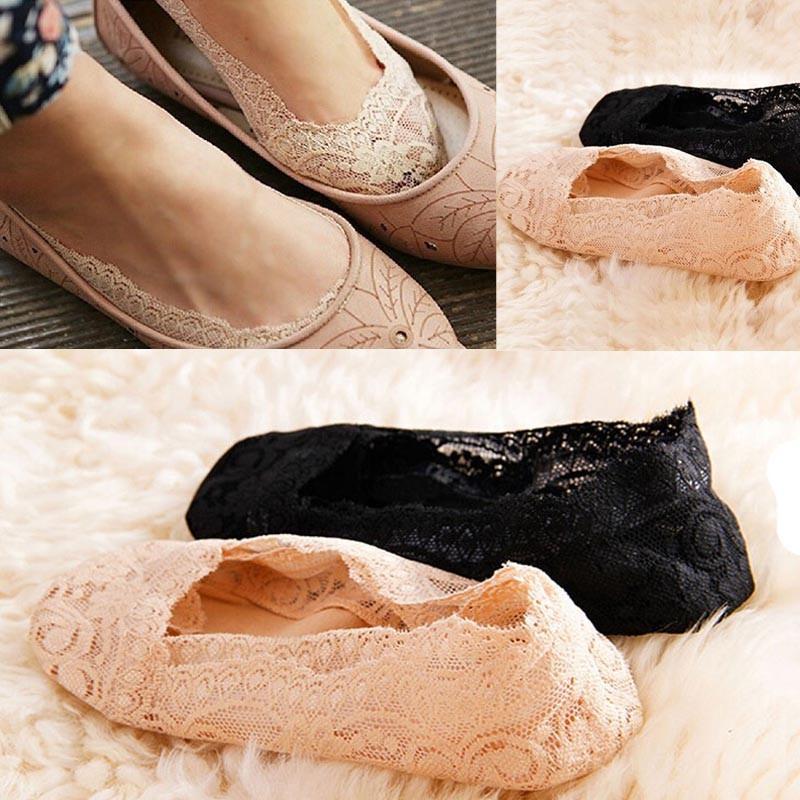 Kaos Kaki Mata Kaki Lace Renda Dengan Telapak Silikon Hitam