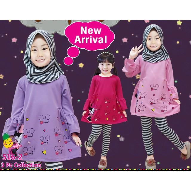 Promo Baju Muslim Anak Perempuan Little Pineapple Minnie Legging Garis Abu Murah