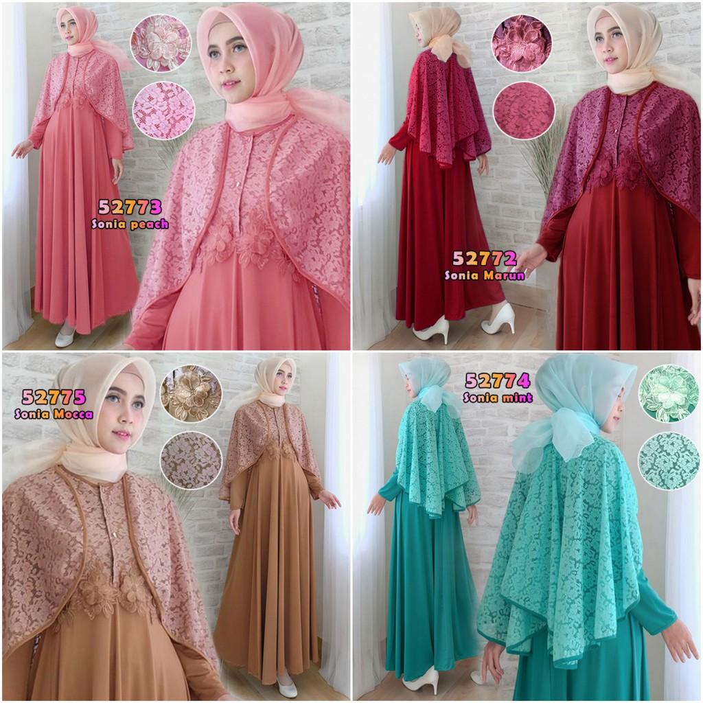(TERBARU) SONYA Gamis Brukat Bahan Spandex Korea LD100 - 110 Marun Peach Mint Mocca Muslim Gamis Murah wanita (Mint)