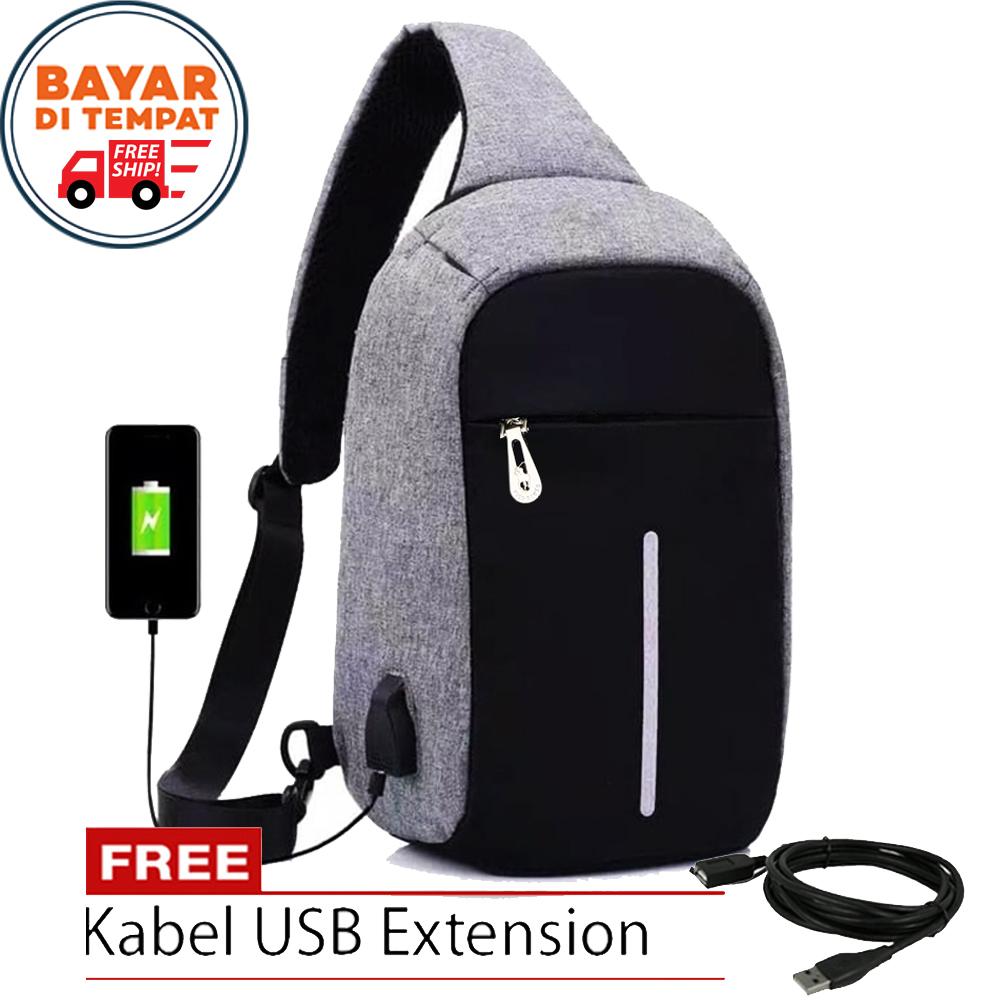 Free Ship - Sling Bag Polo PP002# Tas Import Tas Pria Tas Wanita Tas Ransel Pria Tas Ransel Wanita Tali Satu Tas Anti Maling Tas USB Anti Maling Tas Charger Tas USB Charger Tas Port USB Tas Notebook Tas Polo Anti Maling Original - Grey + Free Kabel USB