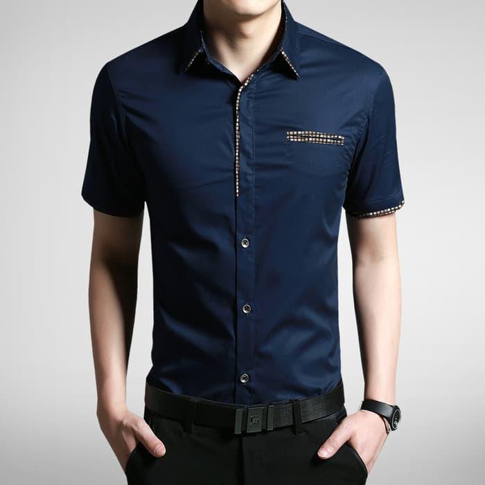 Baju Kemeja Baju Batik Pria Katun Strech Dav Biru Dongker Terbaru Fas145