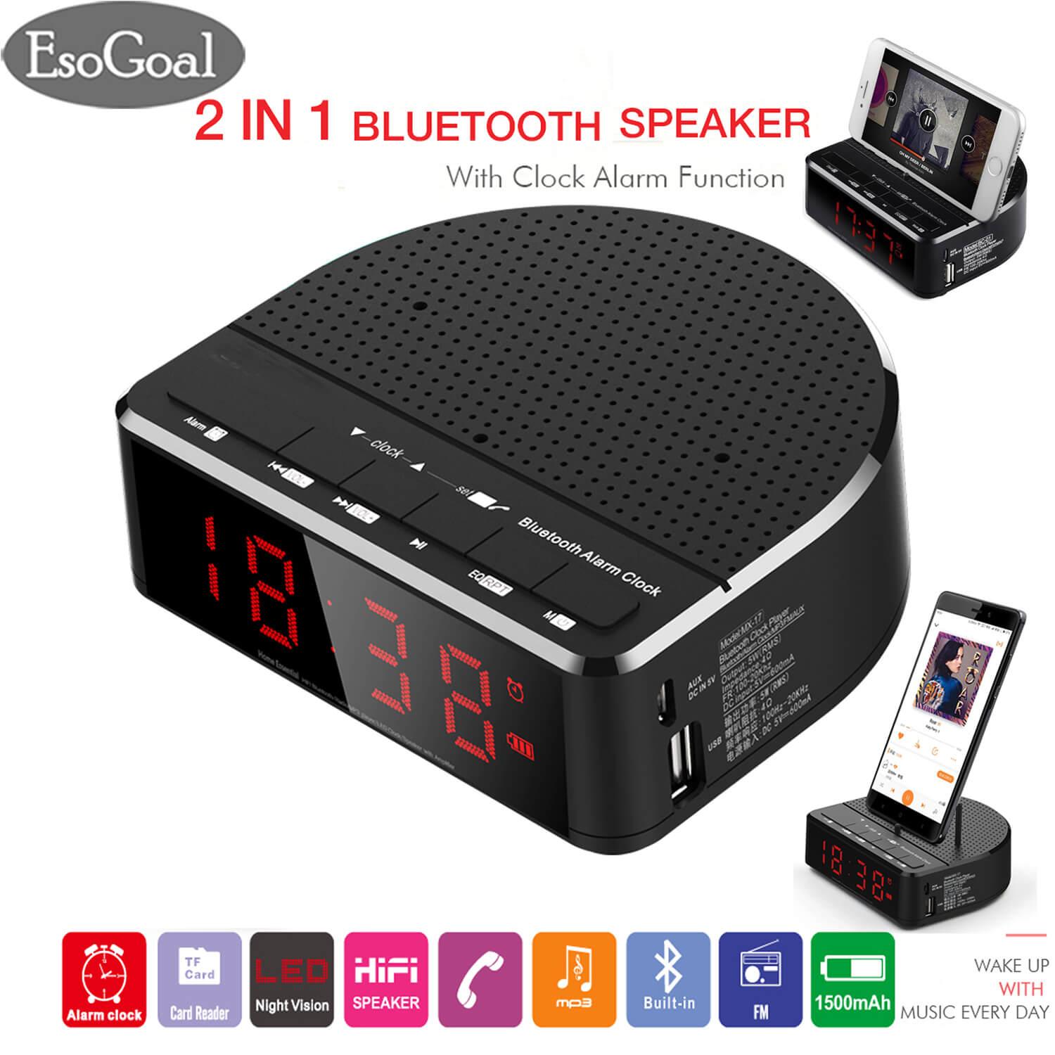 EsoGoal Digital Alarm Clock Radio with Bluetooth Speaker,Red Digit Display with Phone Holder,2 Dimmer,FM radio, AUX-in,USB Port Bedside led Alarm Clock
