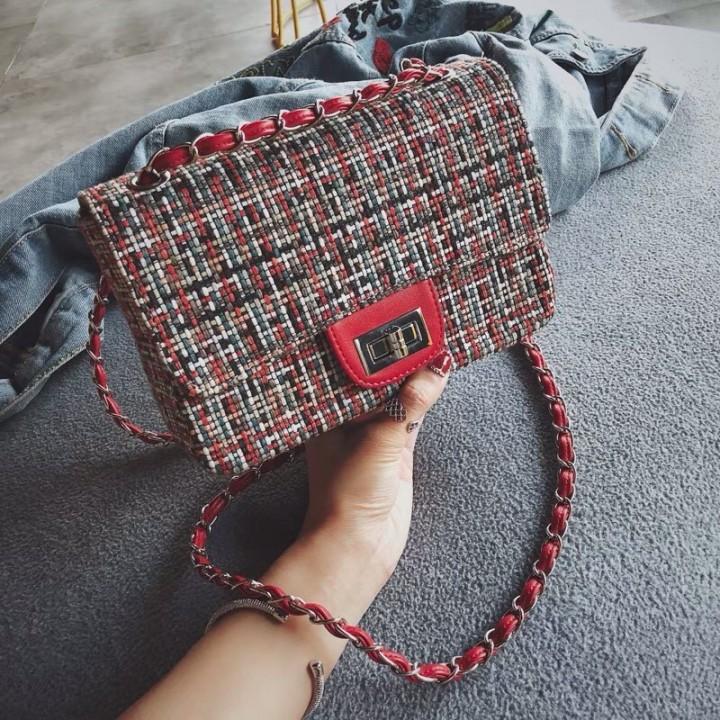 BOSTAS TAS CLASSY VINTAGE TWEED HIGH QUALITY IMPORT CROSS BODY BAG TERBARU 2018 FASHION KOREA /