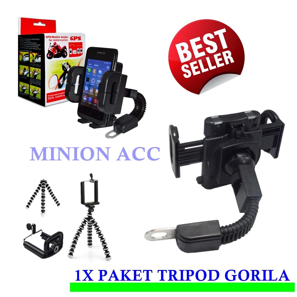 Phone Holder Motor Universal Untuk HP & GPS Pasang Di Spion + Tripod Mini Gorila paket