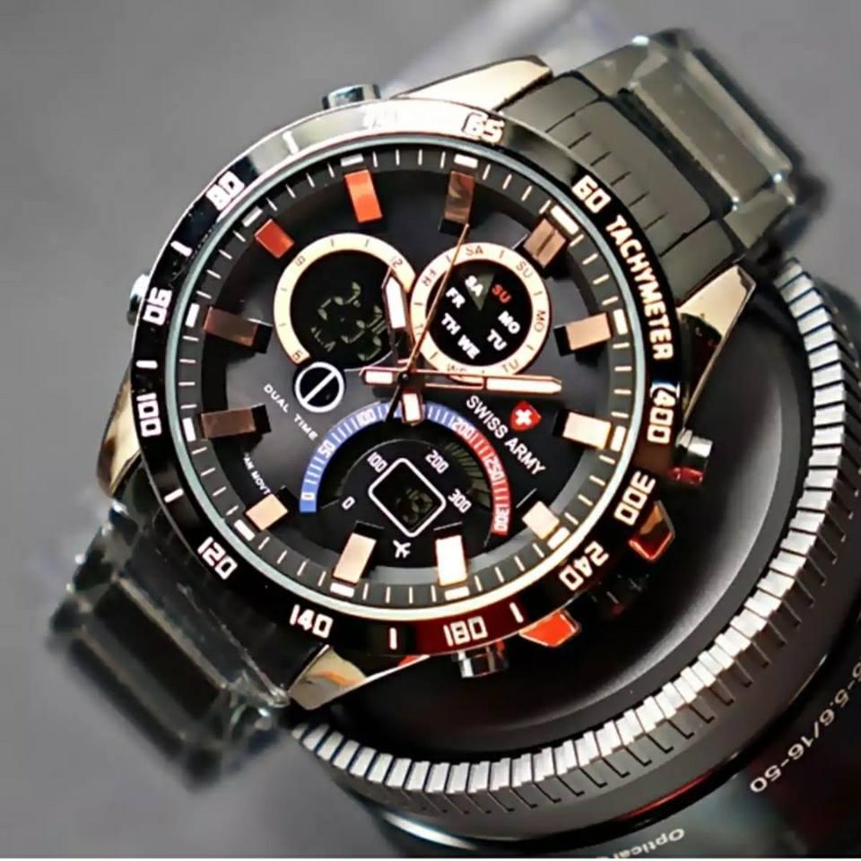 Swiss Army Dual TIme Jam Tangan Pria SA399NY Tali Rantai