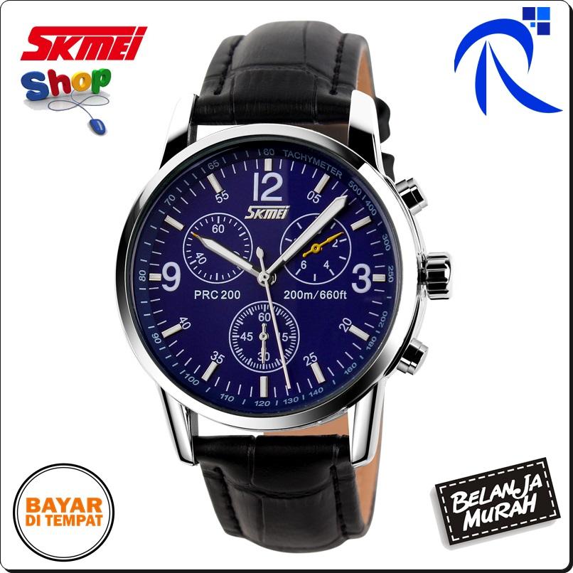 Skmei Casual Men Leather Strap Watch Water Resistant 30m - 9070cl - Black Hitam / White Putih / Blue Biru - Jam Tangan Pria Cowo Cowok Lelaki Laki-Laki Waterproof Anti Air 30 M Meter Original FREE ONGKIR & Bisa COD