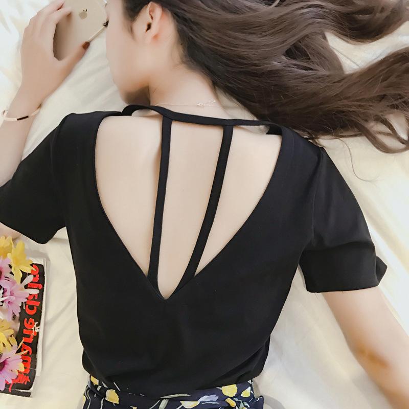 2018 pakaian musim panas model baru Gaya Korea All-match Modis hitam seksi punggung belakang berongga baju kaos wanita membentuk tubuh lengan pendek kaus