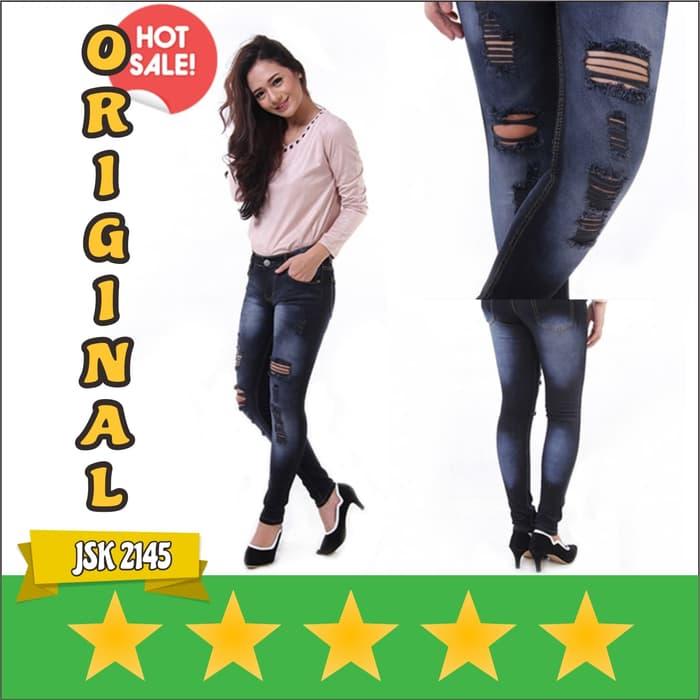 JSK 2145 - Celana Jeans Wanita Robek Robek Original Premium - Hitam Sprey, 27