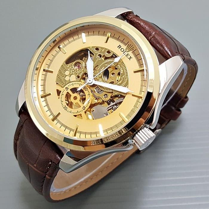 Jam tangan pria / Jam tangan pria original / Jam tangan pria murah / Jam tangan pria terbaru / Jam tangan pria swiss army / Jam tangan pria terbaik / Jam Tangan Pria / Cowok Rolex Skeleton BigSize Gear Leather Kombi Gold DISKON MURAH!!!