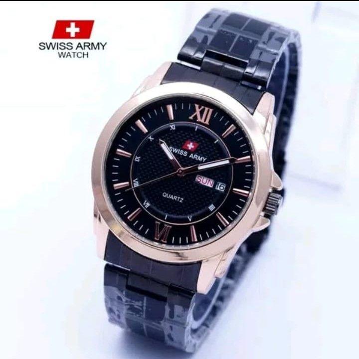 SWISS ARMY JAM TANGAN PRIA BLACK FITUR TANGGAL HARI AKTIF FREE ( BOX SWISS ARMY EKSLUSIVE) BODY STAINLESS ANTI KARAT TALI RANTAI MODEL TERBARU