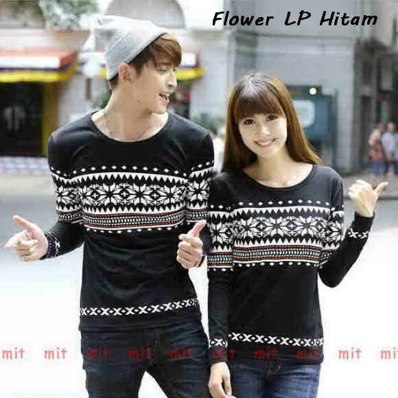 LenganPanjang Kaos Couple Lengan Panjang Keren Baju Pasangan Simple Flower Hitam