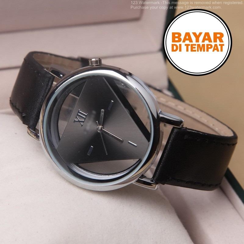 Rimas Hollow Triangle Quartz Analog Leather Strap Watch - YQ007 - Black / Hitam / White / Putih Jam Tangan Cewek Cowok Cewe Cowo Unisex Keren Unik Awet Berkualitas