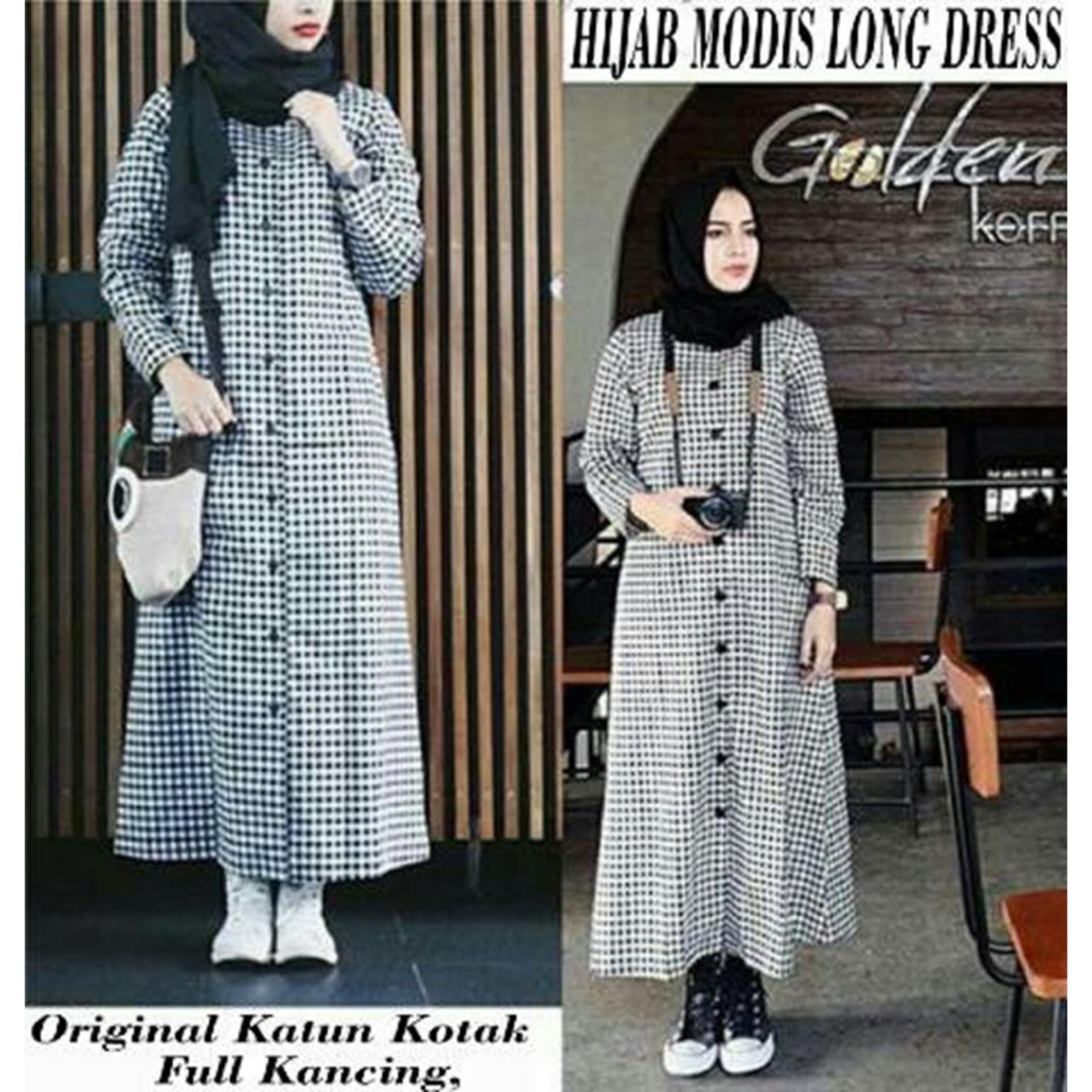 UC Kemeja Tunik Wanita lengan Panjang / Baju terusan / Long Hem / Dress Muslim / Hijab Tanpa Pasmina (jabhi dismo) NR - Putih Hitam