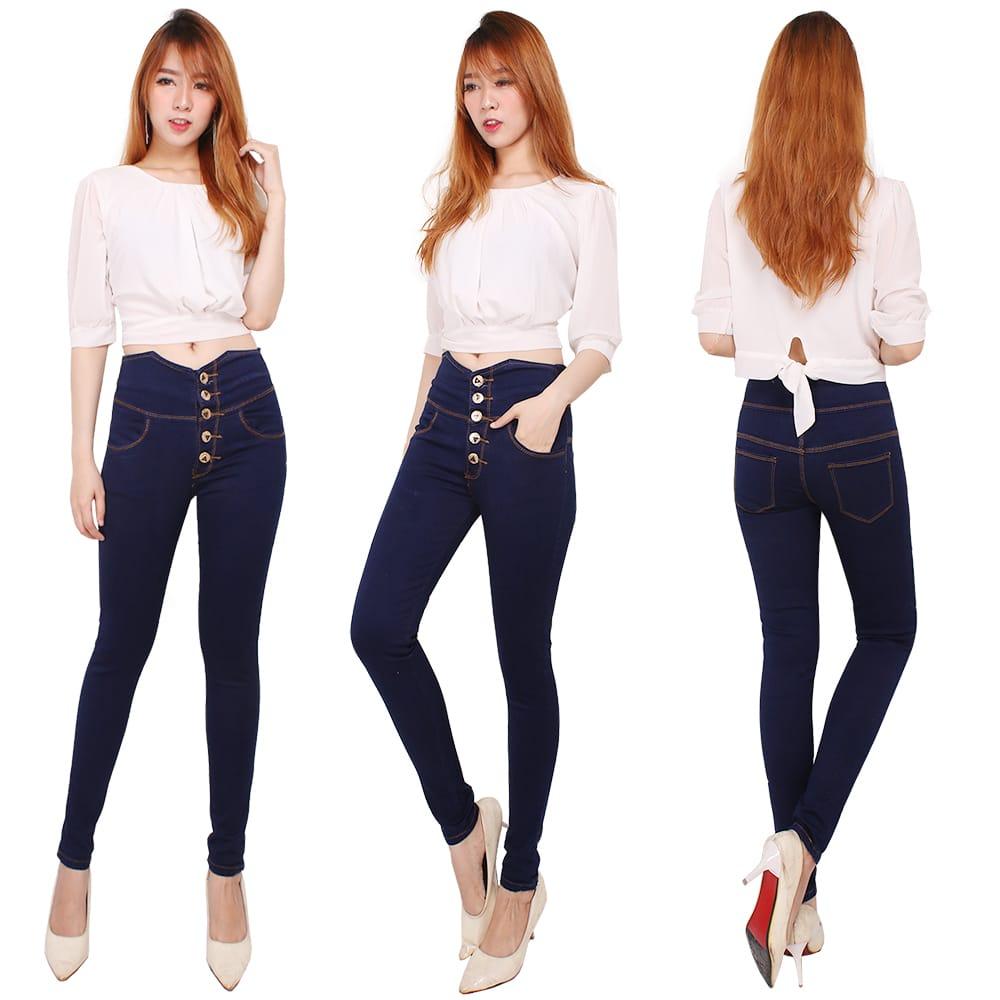 celana jeans wanita higwaist kancing lima hitam navy esblue