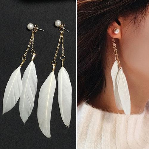 Anting Double Feather Pearl Long Chain Earrings J4U721