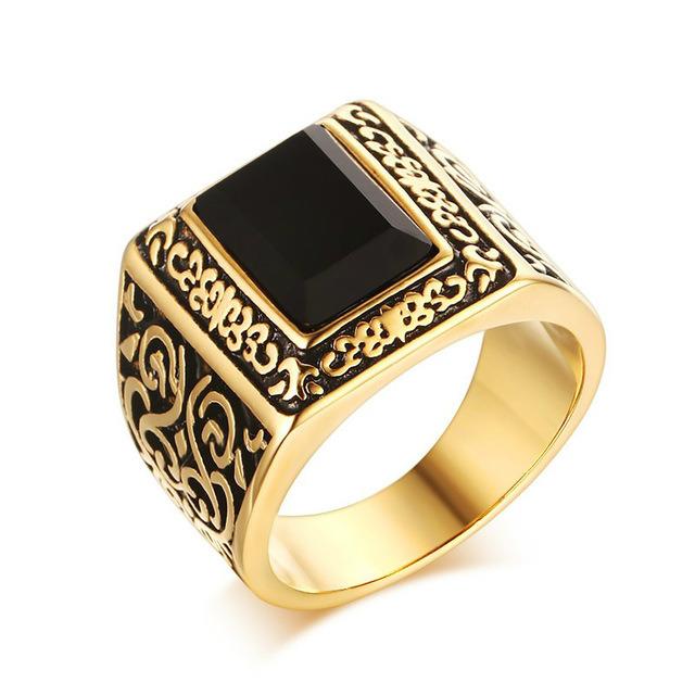 Gaya Retro Besar Batu Akik Cincin For Pria 316 Liter Stainless Steel 18 Karat Berlapis Emas Pola Cincin Pria Aksesoris -ต่างประเทศ
