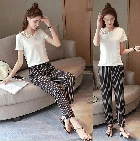 Gudangbaju STELAN 3STRIP (atasan + celana) / stelan wanita / pakaian wanita set / Jamsuit Wanita / Jamsuit / Setelan Wanita / Celana Panjang Wanita / Baju Setelan