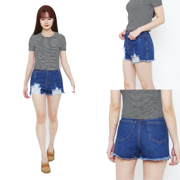 ZFASHION Celana Jeans Wanita Terbaru High Waist HW Hotpants Good Quality Biru Dongker Ripped Rumbai 27-34