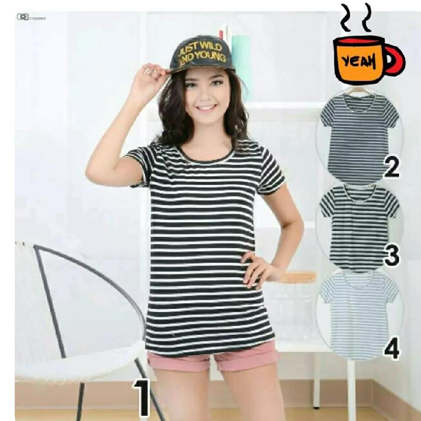 Baju Atasan Kaos Belang Cewek Wanita Lengan Pendek Santai