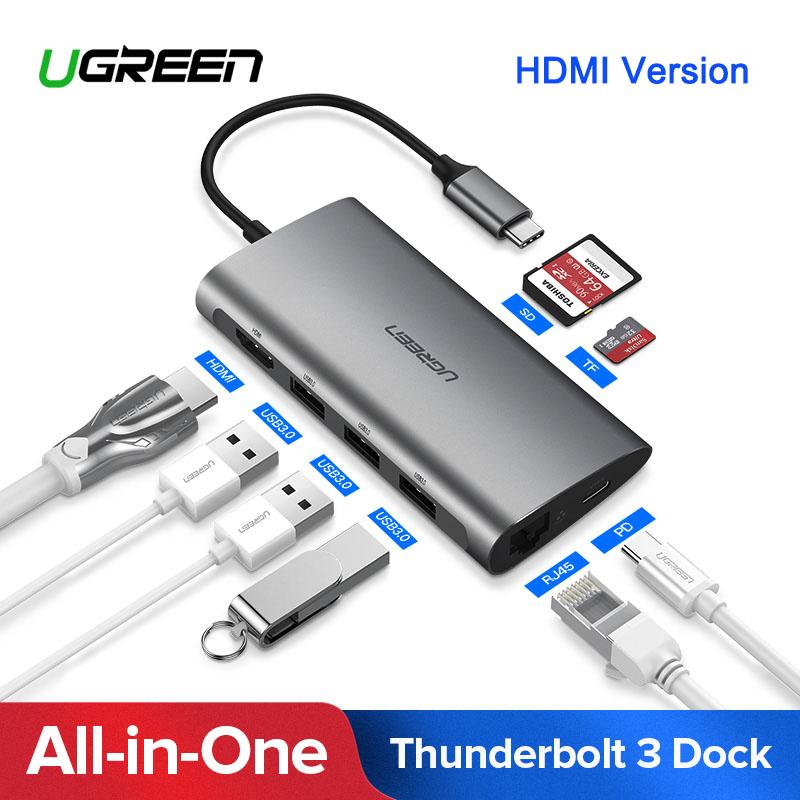 UGREEN Type C Hub 9 in 1 with HDMI VGA, PD Charge, Gigabit Ethernet Port, 3 USB 3.0 Ports, SD TF Card Reader USB C 3.1 Adapter Dock Station for Macbook Pro 2017 2016, Google chromebook, Dell XPS 13 15, Lenovo Yoga 900, HP Spectre notebook, Dark Grey