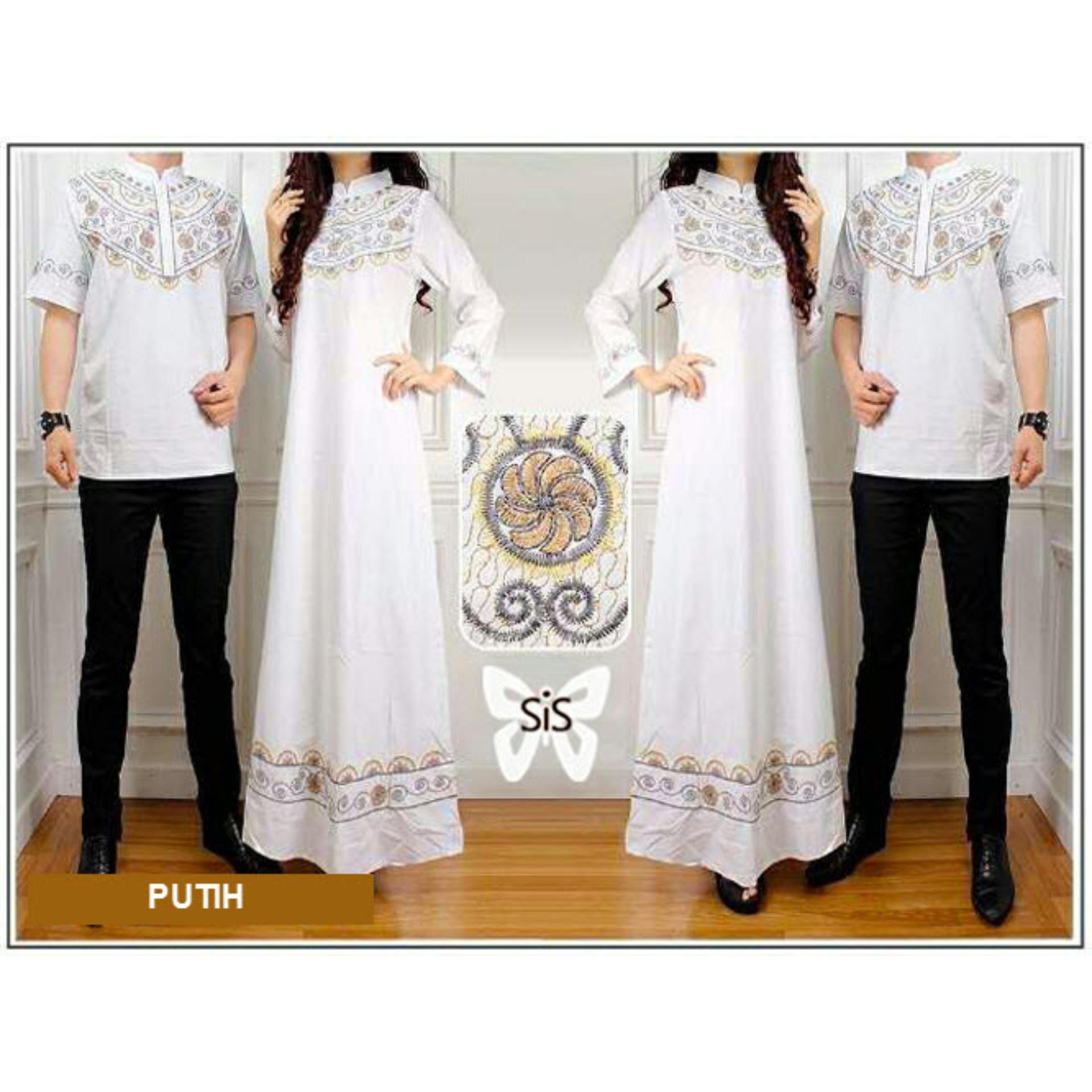 Flavia Store Baju Muslim Couple Bordir FS0575 - PUTIH / Sarimbit / Batik Pasangan / Sepasang Busana Syar'i / Kemeja Koko Pria Gaun Muslimah Gamis Syari Wanita / Srelegant