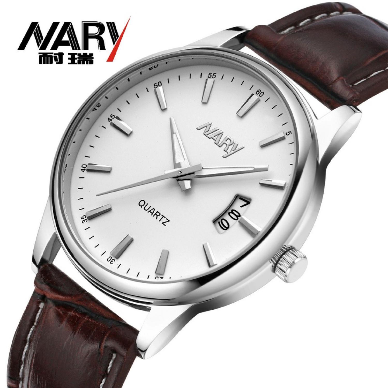 Nary Jam Tangan Analog Pria Wanita Tali Strap Kulit 6115 Casual Diameter 37mm PU Leather Nyaman Classic Design Klasik Unisex Man Women Fashion Accessories Trendy Model Baru Modern Unik Wristwatch Wrist Watch Penunjuk Waktu - Brown
