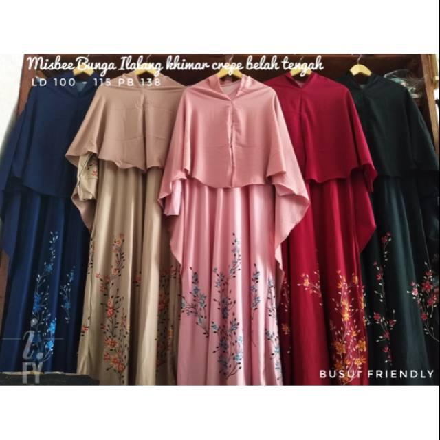 Realpict Set Gamis Syari Misbee melar busui grosir murah baju muslimah remaja harian khimar crepe (ilalang maroon)