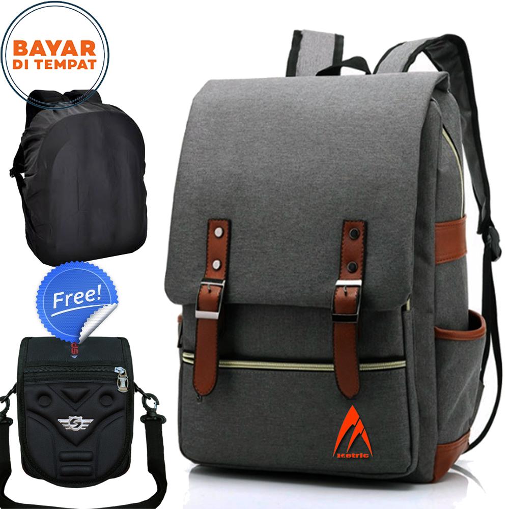 Promo Gratis 11.11 Metric New Design Tas Laptop Tas Ransel 300220 + Santer Tas Selempang Emboss 3D Berkualitas Original - Grey+ Raincover