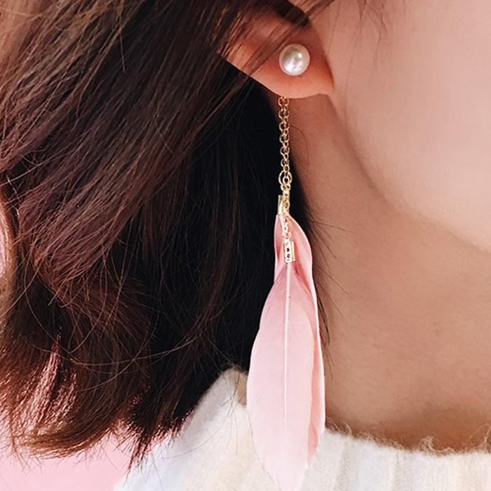 Anting Feather Pearl Long Chain Earringss JN1132