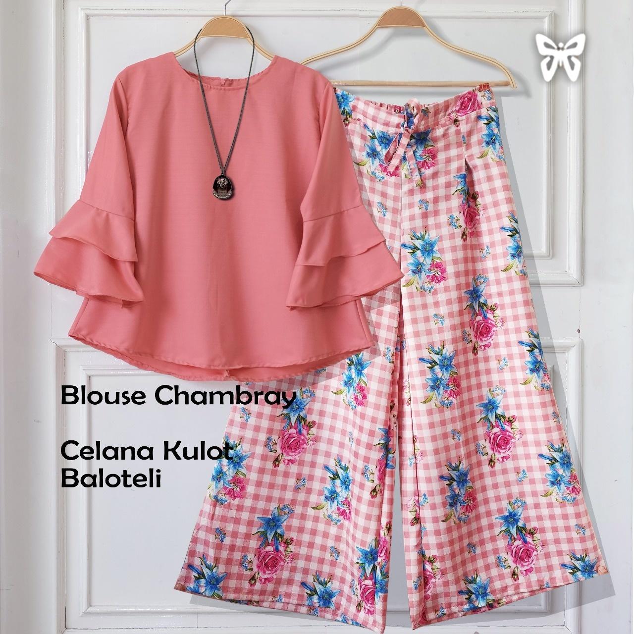 Flavia Store Setelan Wanita Motif Bunga FS0733 - PEACH / Stelan Muslimah / Atasan Baju Blouse Kemeja Lengan Panjang Terompet Bawahan Celana Kulot Muslim / Srchantika