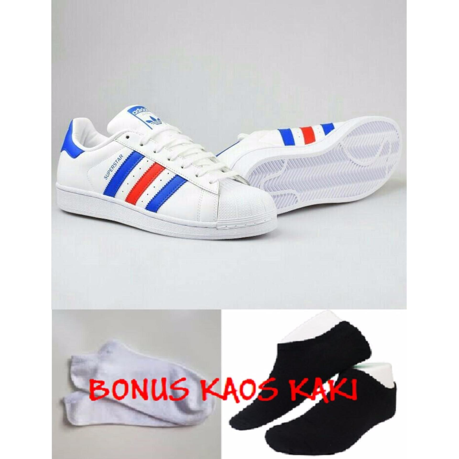 SEPATU SNEAKERS CASUAL KANVAS ADIDAS SUPERSTAR PUTIH STRIP BIRU MERAH - BONUS KAOS KAKI
