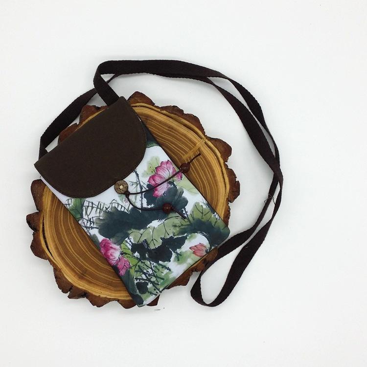 Gaya Oriental Retro Kain Linen Cetak Rajut Tas Wanita Tas HP (Tinta Daun Teratai Merah Muda)