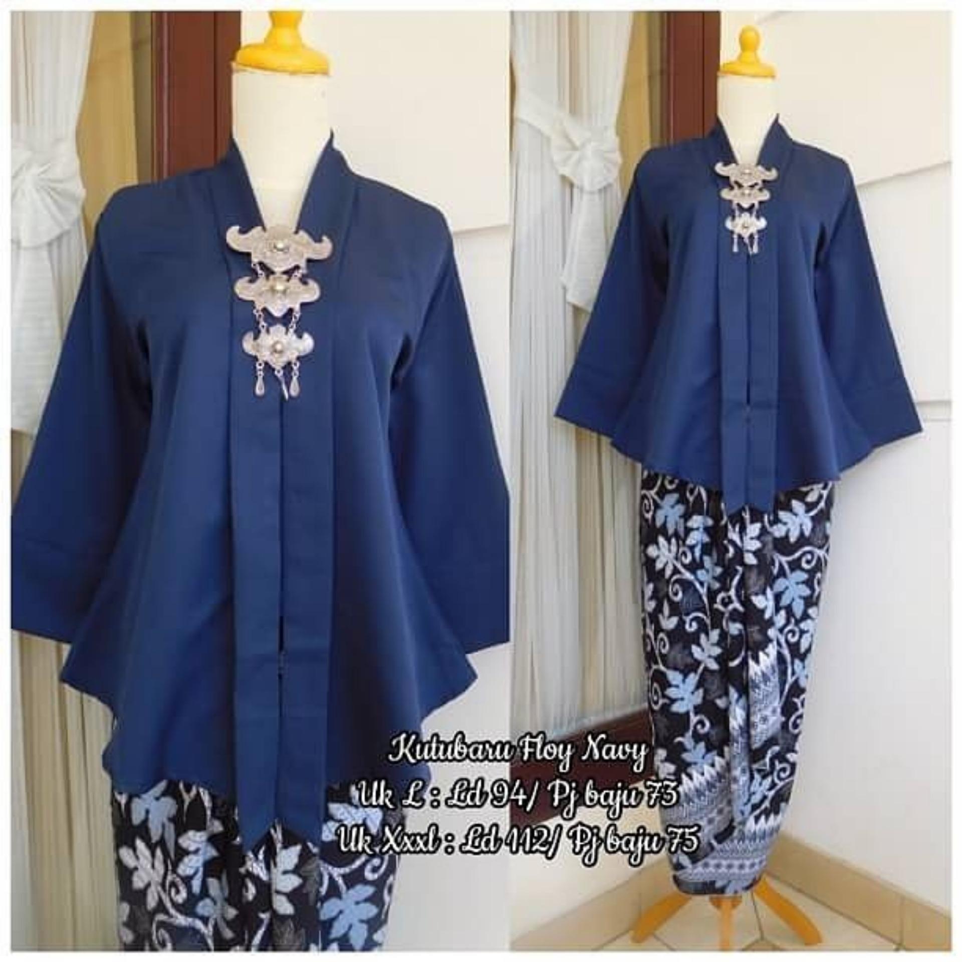 Kebaya Kutubaru Polos Floy Luna Navy Mix Rok Lilit Aneka Motif Pepaya Silver