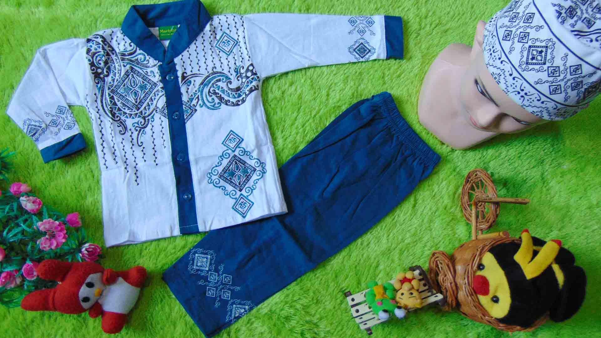 kembarshop - PLUS PECI setelan baju koko muslim anak bayi laki-laki cowok newborn 0-12bulan sablon timbul berkilau tosca