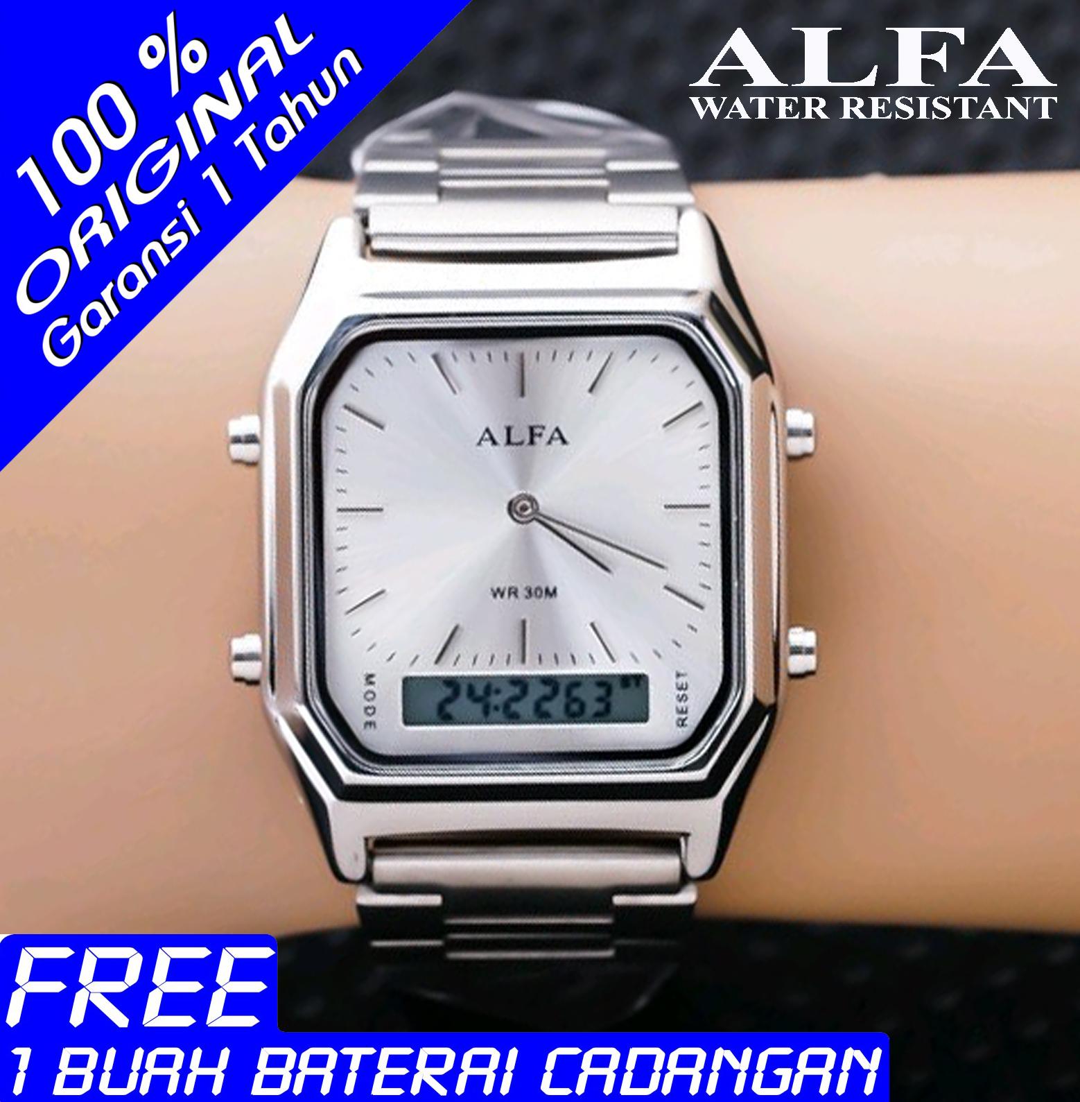 Alfa Dual Time - Jam Tangan Wanita - W 8003 - Stainlesstell Strap Rantai