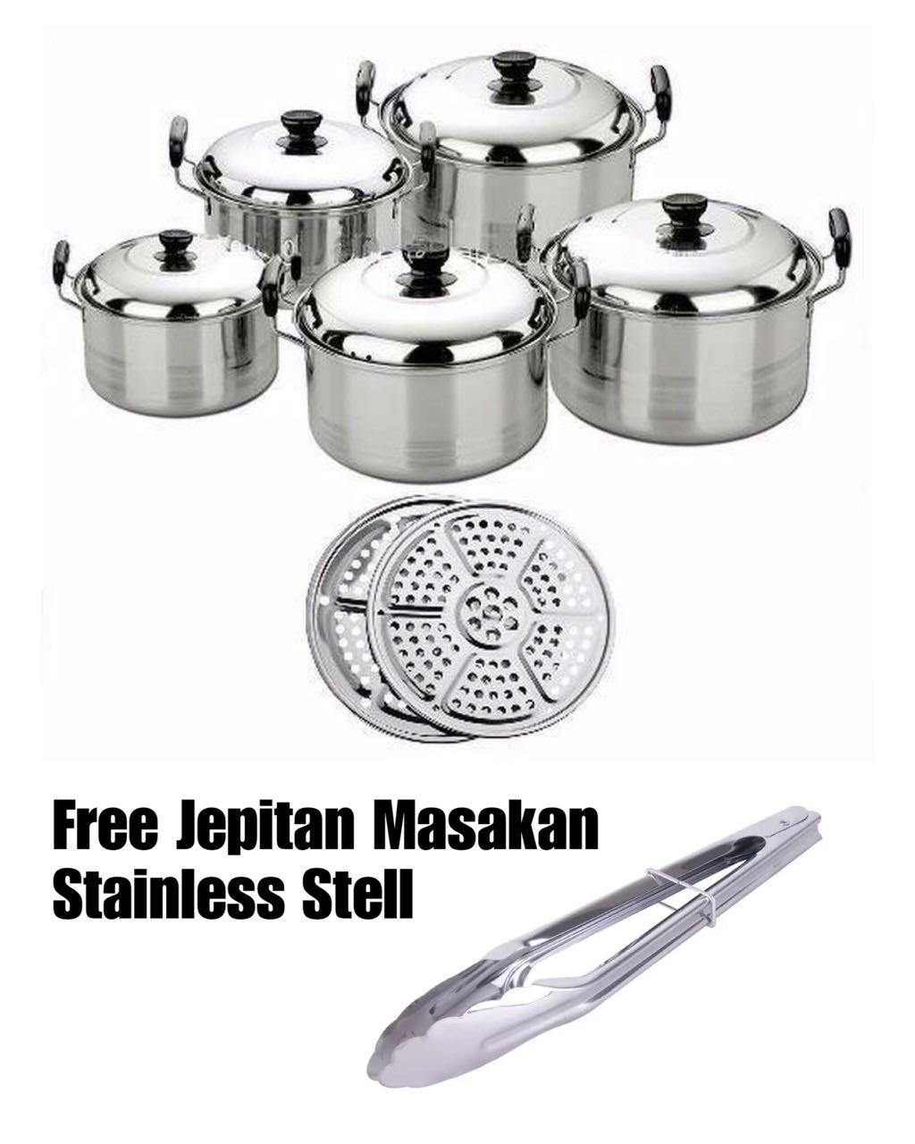 America High Pots Panci Set 5 in 1 + Kukusan / Steamer / Langseng FREE Jepitan Masak Stainless Steel
