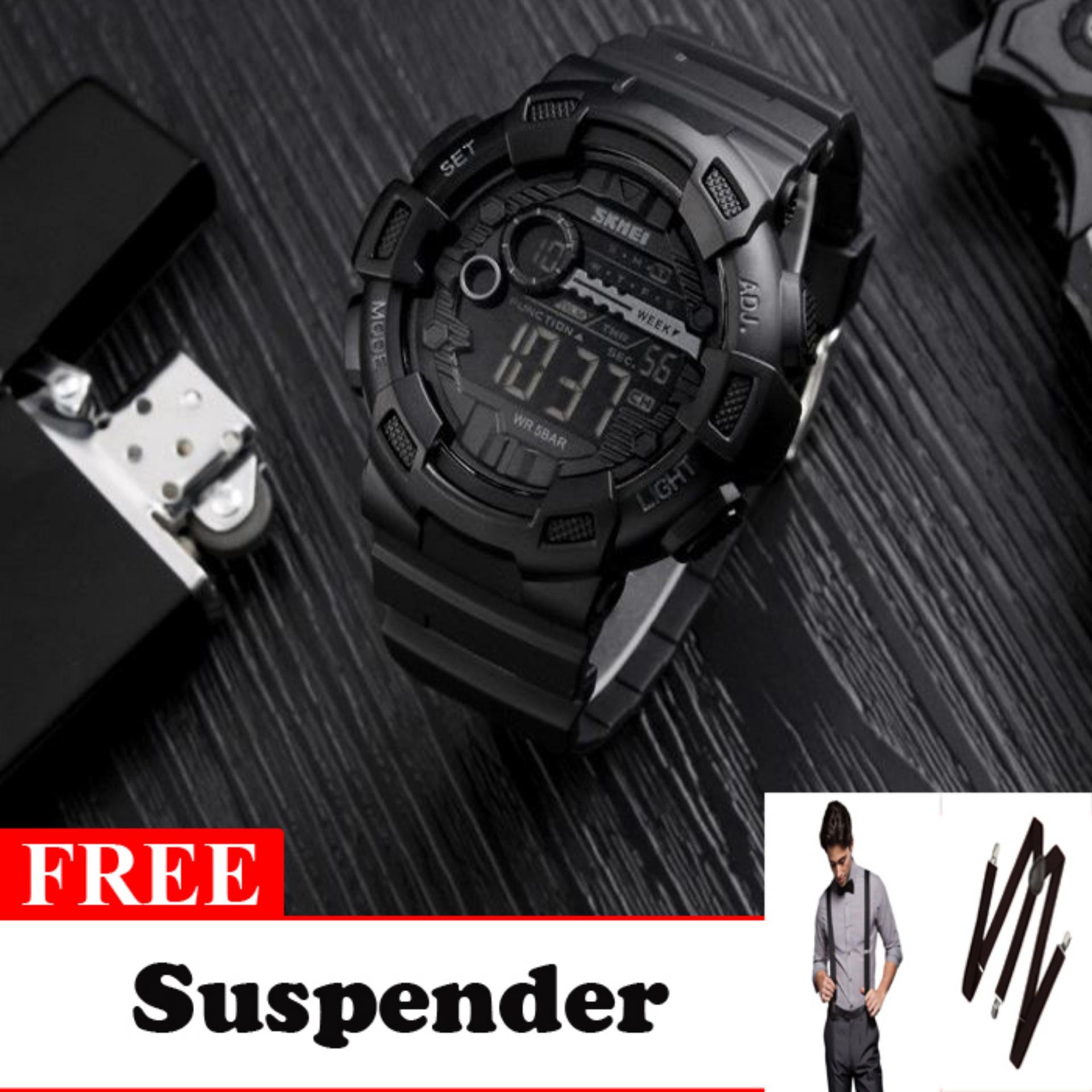 SKMEI Laser Hitam - Jam Tangan Pria - Strap Karet - 1243 Sport Black + Free Suspender Keren
