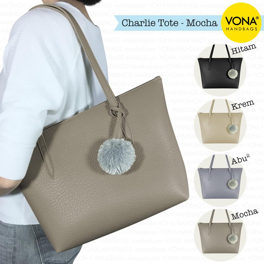 VONA Charlie - Tas Tote Bahu Pompom Bulu Shoulder Bag Wanita Tangan Sekolah Kerja Belanja Ladies Shopping Simple Handbag Gendong Remaja Cewek Tali Zipper Murah Korean Fashion Bali Kulit Sintetis PU Leather Best Seller New Terbaru Branded Original Asli