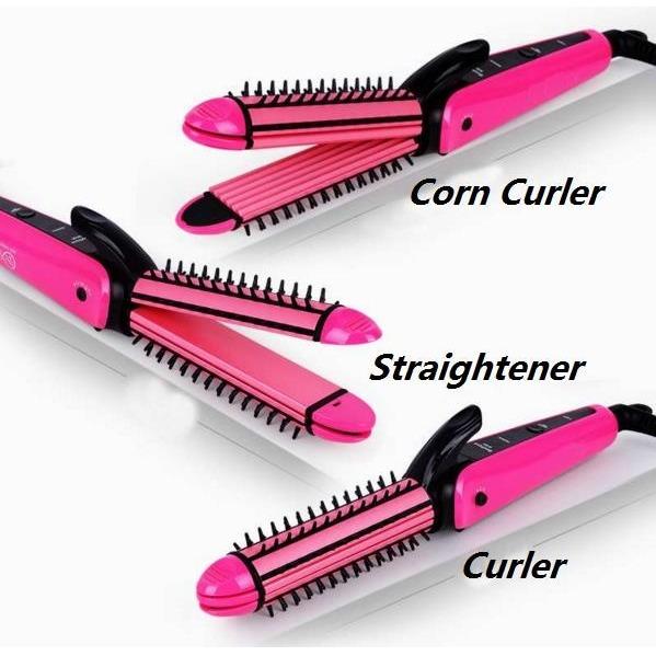 Catokan Rambut Nova Multifungsi 3 IN 1 Travel Nano Ceramic NHC 8890 Pelurus Pengeriting Dan Sisir Lurus Wavy Curly Hair Styling - 1 Pcs