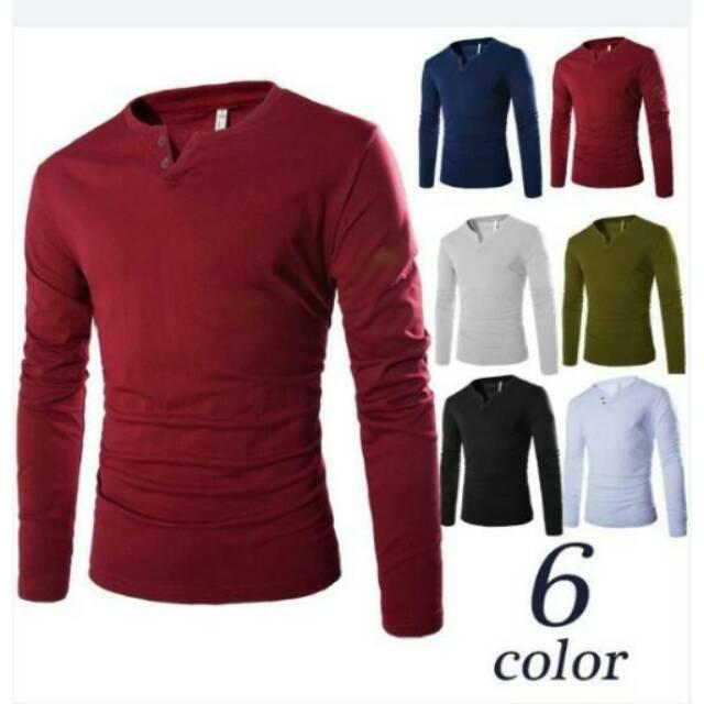 Radhe Kaos cowok lengan panjang polos 2 kancing hitam - 6 Warna