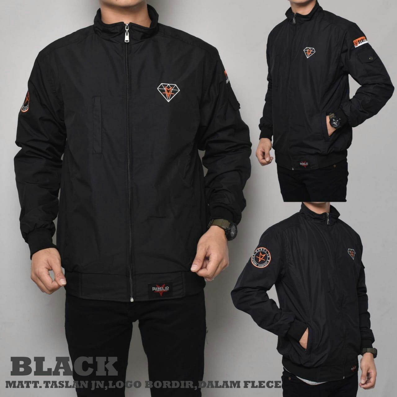 3R/jaket casual diamond taslan logo border hoody /pria/ hitam