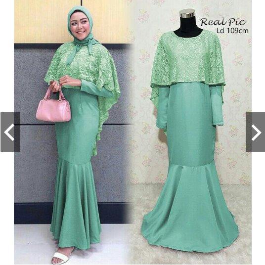 MoslemWear Gamis Pesta Premium Mermaid Jumbo dg Cape Brukat Glitter memanjang ke belakang (Original / Foto Asli Real Pic) - Fashion Busana kondangan Muslimah Jumbo XL - Syari Pesta - Kebaya Wisuda - Gaun Pesta Party Maxy Dress Hijab Jilbab Batik ihmellis