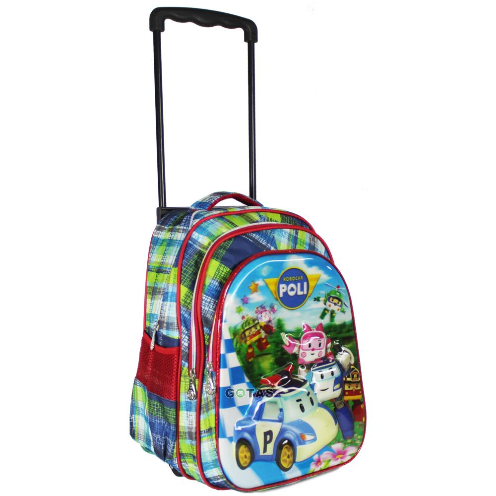 Tas Ransel Troli Anak Sekolah SD Robocar Poli 7D 3 Kantong Hijau - Hijau Tosca