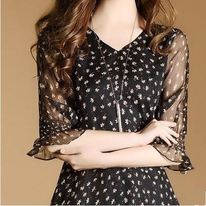 Elegan Gaun Baru Baju Lengan Daun Lotus Kerah V Rok Berbentuk Huruf A Slim