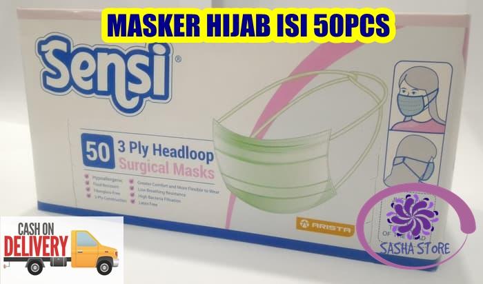 SS Sensi Masker Hijab 50's 3 Ply Headloop Surgical Face Mask - Masker Hijab / Masker Jilbab / Masker Bedah / Masker Wajah / Masker Kesehatan - ISI 50 PCS