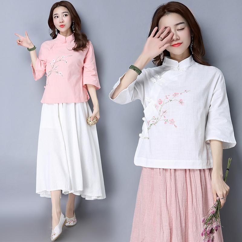 Blouse Wanita Retro Kain Linen Republik Cina Atasan Baju Lengan Daun Lotus