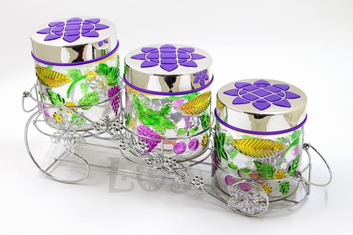 Prime Toples Kaca Tebal Untuk Kue,Pemen,Makanan Kecil Kedap Udara Desain Cantik Dan Elegan 1 Set 3 Pcs Toples Dan 1 Pcs Rak Stainless