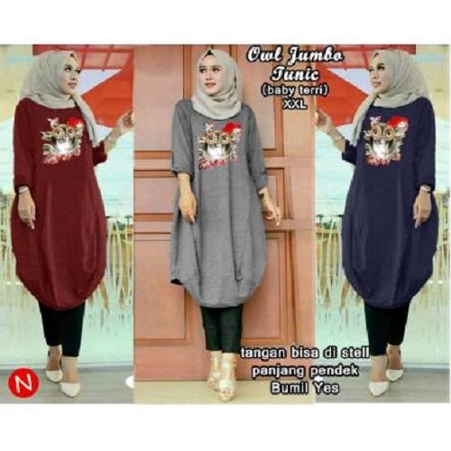SUPPLIER GROSIR 15717 BAJU TUNIK JUMBO WANITA PAKAIAN ATASAN OWL BLOUSE BIG SIZE BIGSIZE LENGAN PANJANG CEWEK KEKINIAN MODERN TERBARU JAMAN NOW WARNA MAROON NAVY ABU MURAH TERMURAH BAHAN BABYTERRY