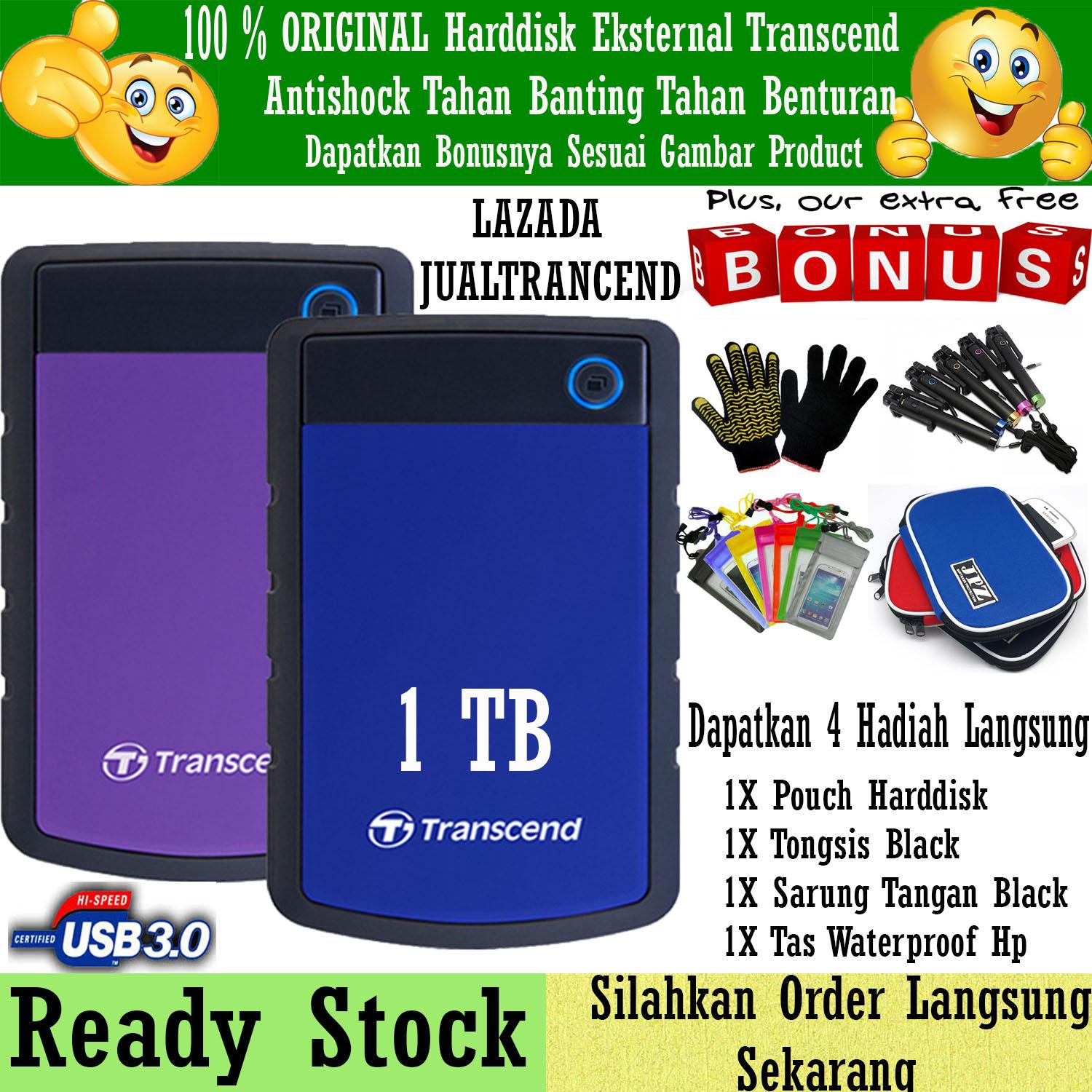 Flash Sale!! Harddisk External Transcend 1TB StoreJet Antishock USB 3.0 25H3 + Gratis Pouch Harddisk + Sarung Tangan Hitam + Tas Waterproof + Tongsis Black