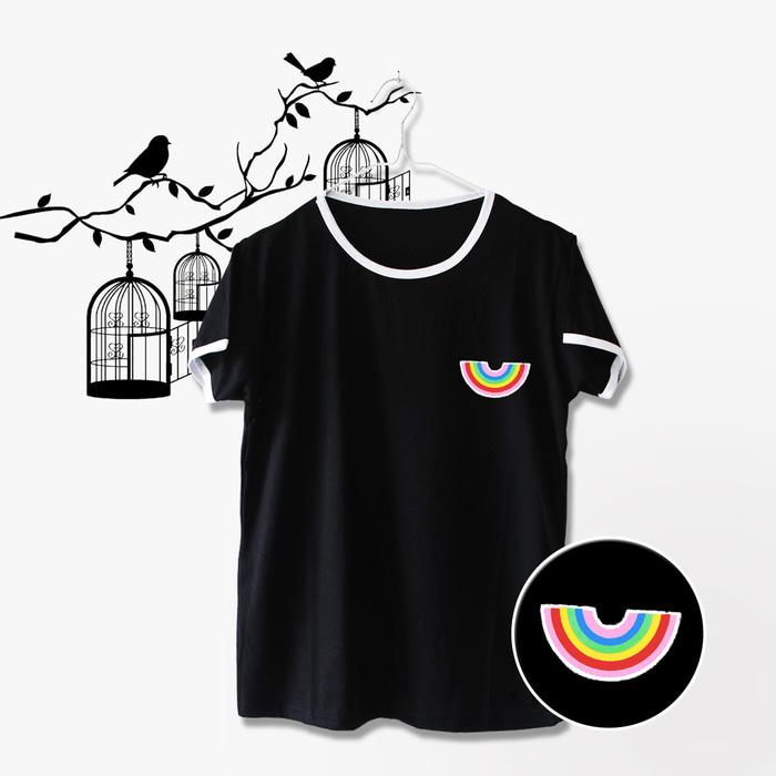 OBRAL Ringer Tee u002F T-Shirt u002F Kaos RAINBOW Warna Hitam